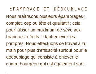 Epamprage et Dédoublage Nous maîtrisons plusieurs épamprages : complet, cep ou tête et qualitatif ; cela pour laisser un maximum de sève aux branches à fruits. Il faut enlever les pampres. Nous effectuons ce travail à la main pour plus d’efficacité surtout pour le dédoublage qui consiste à enlever le contre bourgeon qui est également sorti. .