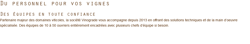 Du personnel pour vos vignes Des équipes en toute confiance Partenaire majeur des domaines viticoles, la société Vinograde vous accompagne depuis 2013 en offrant des solutions techniques et de la main d’oeuvre spécialisée. Des équipes de 10 à 50 ouvriers entièrement encadrées avec plusieurs chefs d’équipe si besoin. 